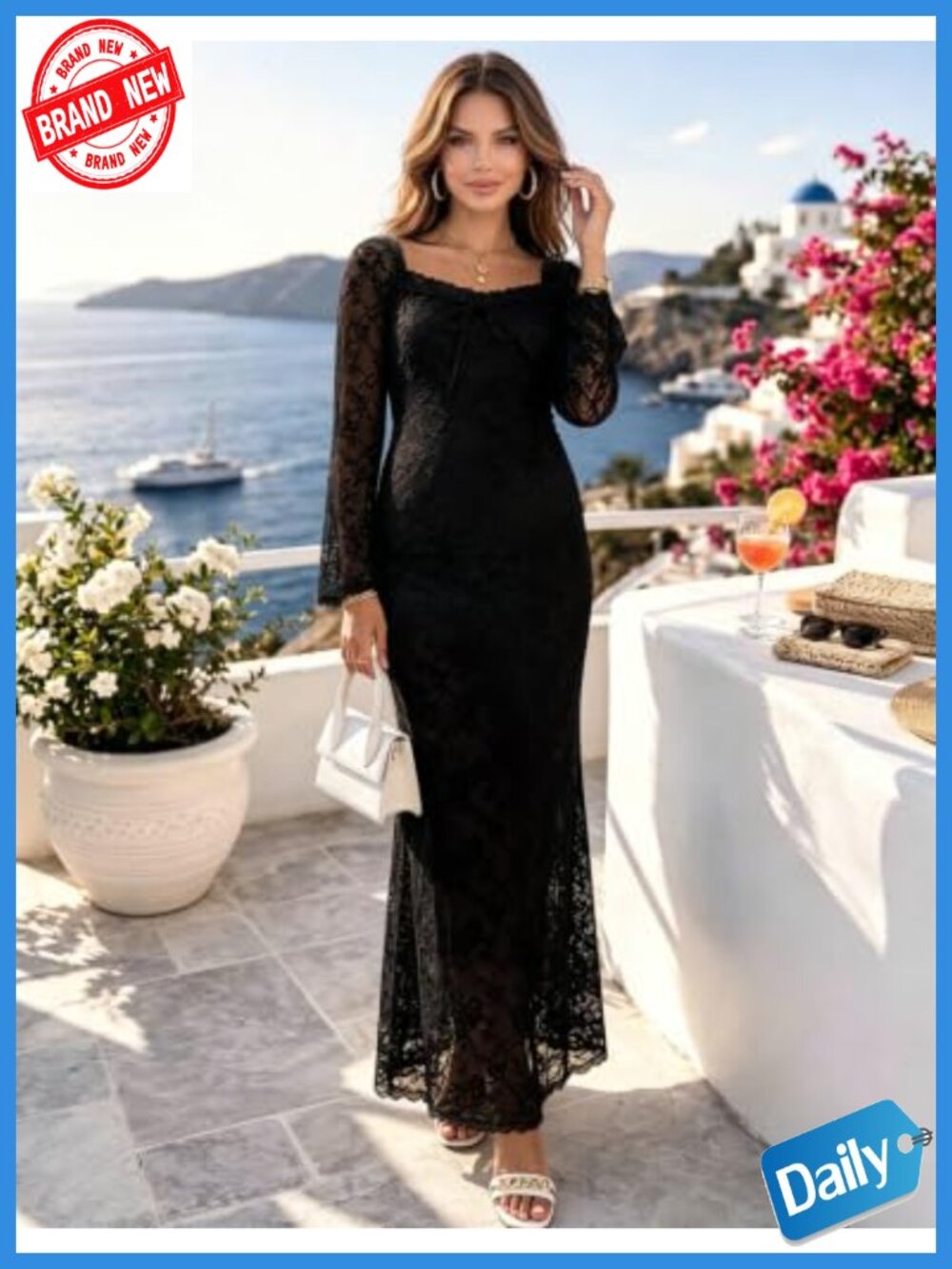 Elegant Lace Maternity Maxi Dress Square Neck Long Sleeve Bodycon Photoshoot - Picture 2 of 6